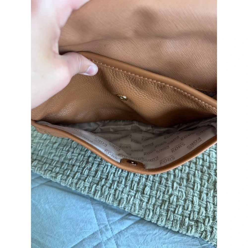 Michael Kors Brown Pebbled Leather Saddle Crossbody Bag Gold Clasp Acorn